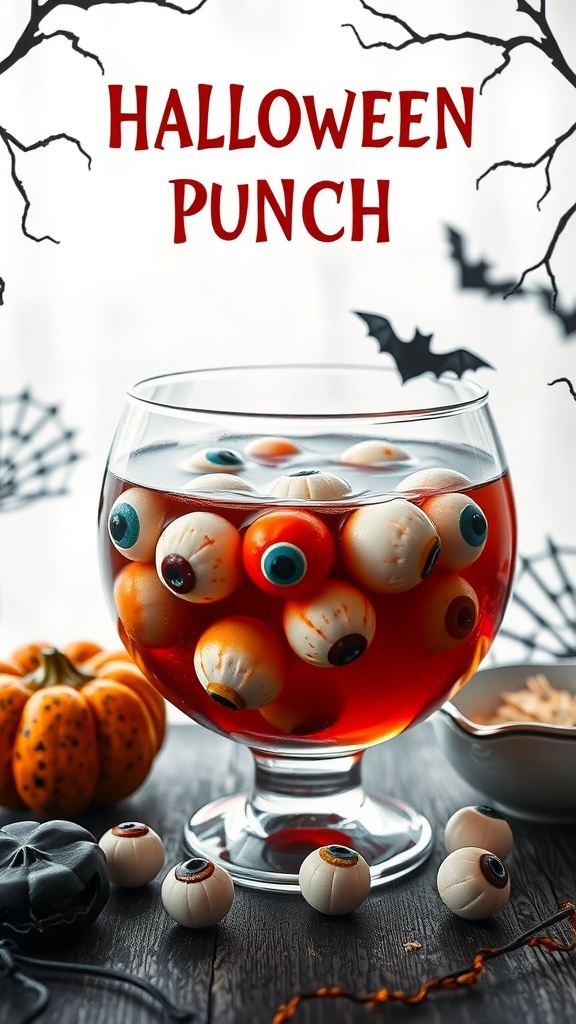 A spooky Halloween punch with eyeball candies floating in it, surrounded by pumpkins and Halloween decorations.