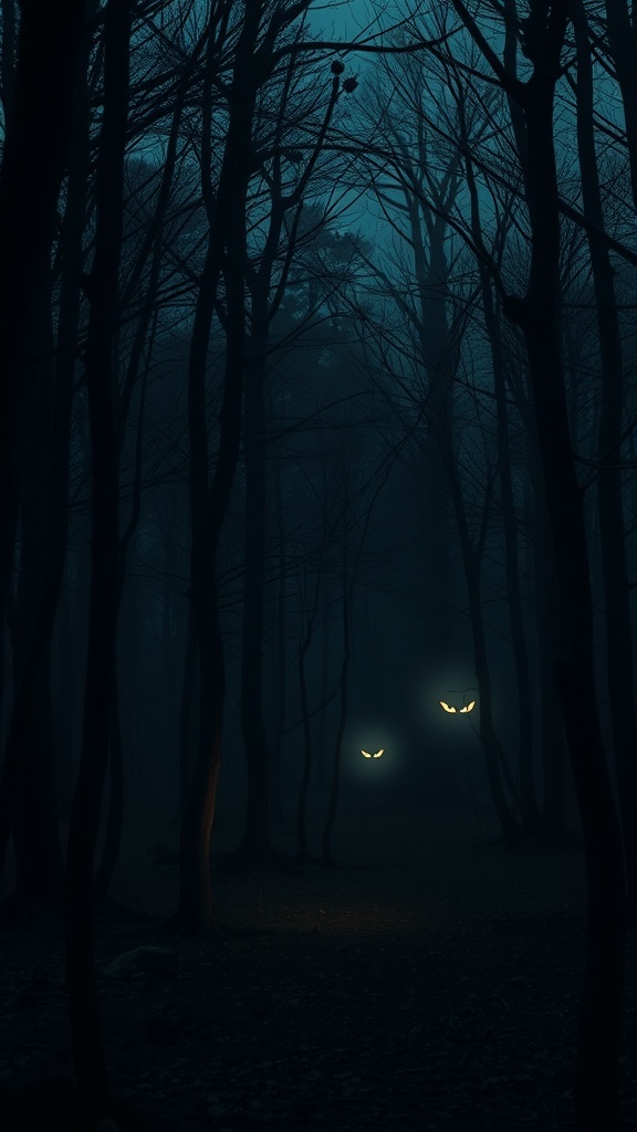 A dark forest with glowing eyes peering through the trees, creating a spooky atmosphere.