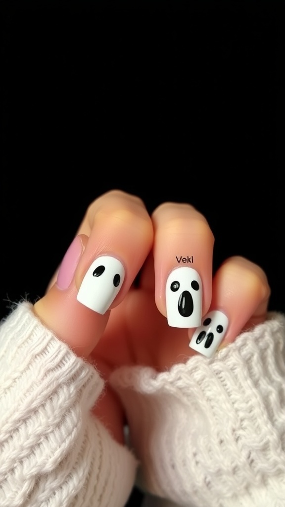 Nail art featuring cute ghost designs on a white background, with a cozy sweater in the background.