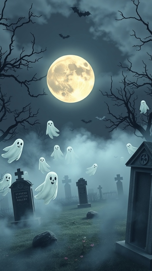 A spooky graveyard scene with playful ghosts, a full moon, and bats in the night sky.
