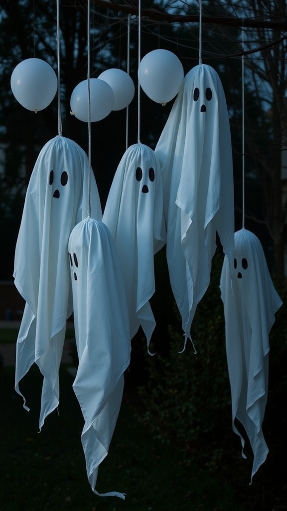 Creepy hanging ghosts made from white fabric and balloons, creating a spooky Halloween decoration.