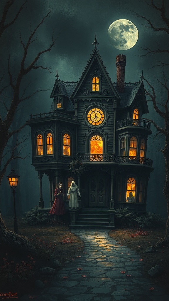 A spooky haunted house with glowing windows, a full moon, and two figures in front.