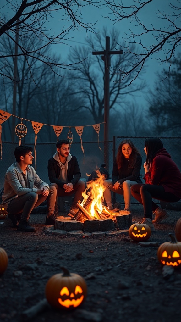 A group of friends sitting around a campfire with pumpkins, enjoying Halloween.
