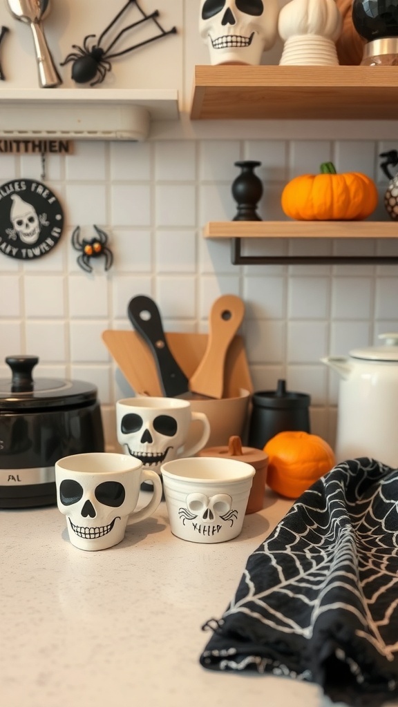 A Halloween-themed kitchen with skull mugs, a spider web towel, and a small pumpkin.