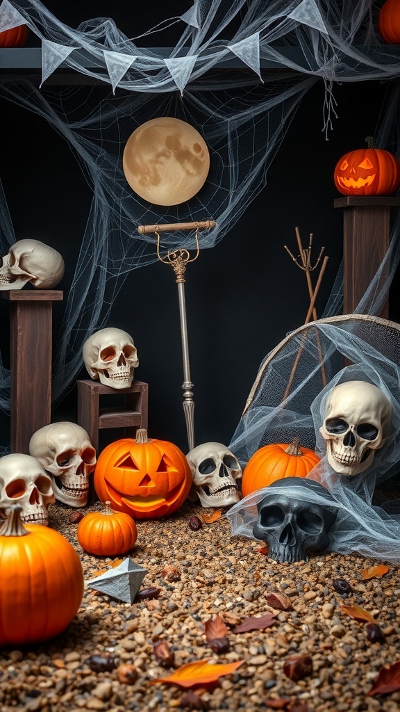 A Halloween-themed photoshoot setup featuring skulls, pumpkins, and cobwebs.