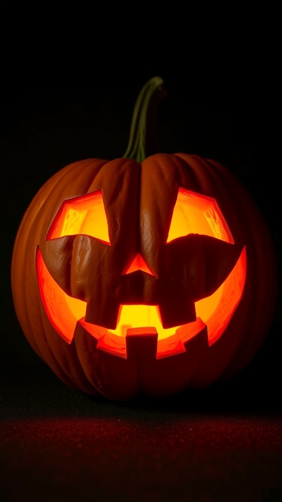 A carved pumpkin with a creepy face glowing from within against a dark background.