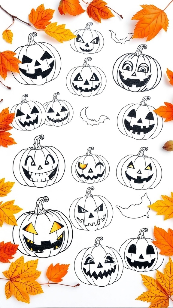 A collection of Halloween-themed pumpkin doodles with various expressions, surrounded by autumn leaves.