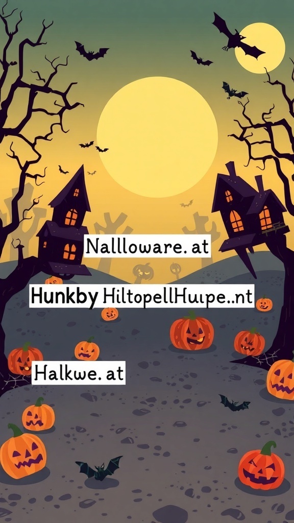 A spooky Halloween scene with bats, pumpkins, and haunted houses.
