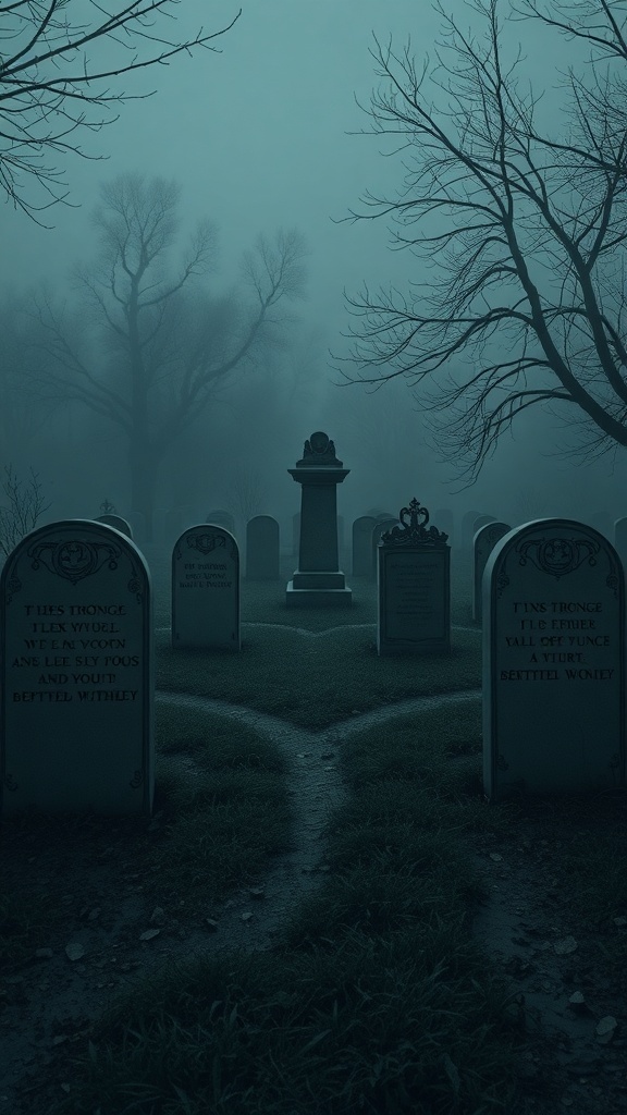A foggy graveyard with tombstones and bare trees, creating a spooky atmosphere.