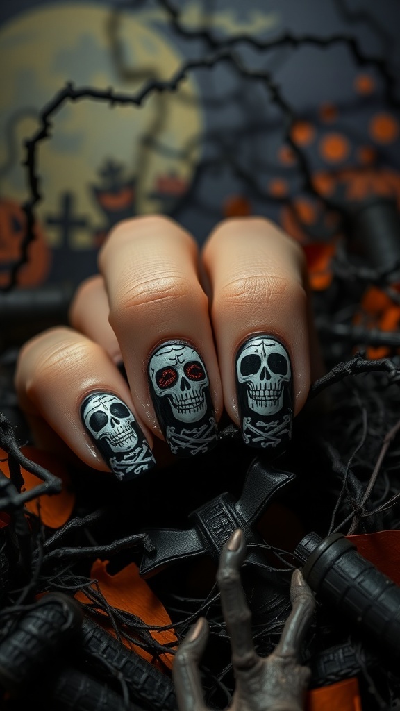 Close-up of Halloween-themed nails featuring skull and bone designs.