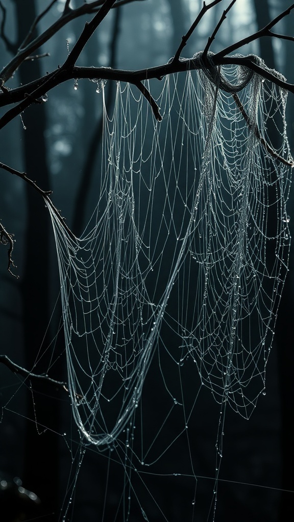 Creepy spider webs hanging from tree branches in a dark forest