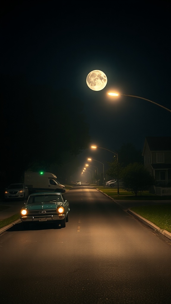 A quiet suburban street at night with a classic car parked and a full moon in the sky.