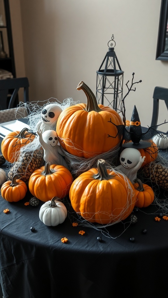 A Halloween table centerpiece featuring pumpkins, ghost figures, and a lantern.