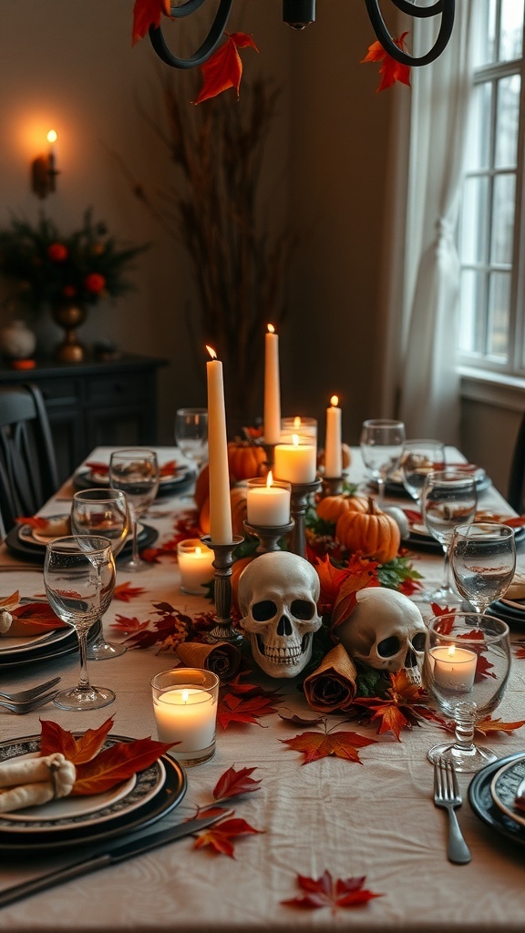 A Halloween-themed dining table with skulls, candles, pumpkins, and autumn leaves.