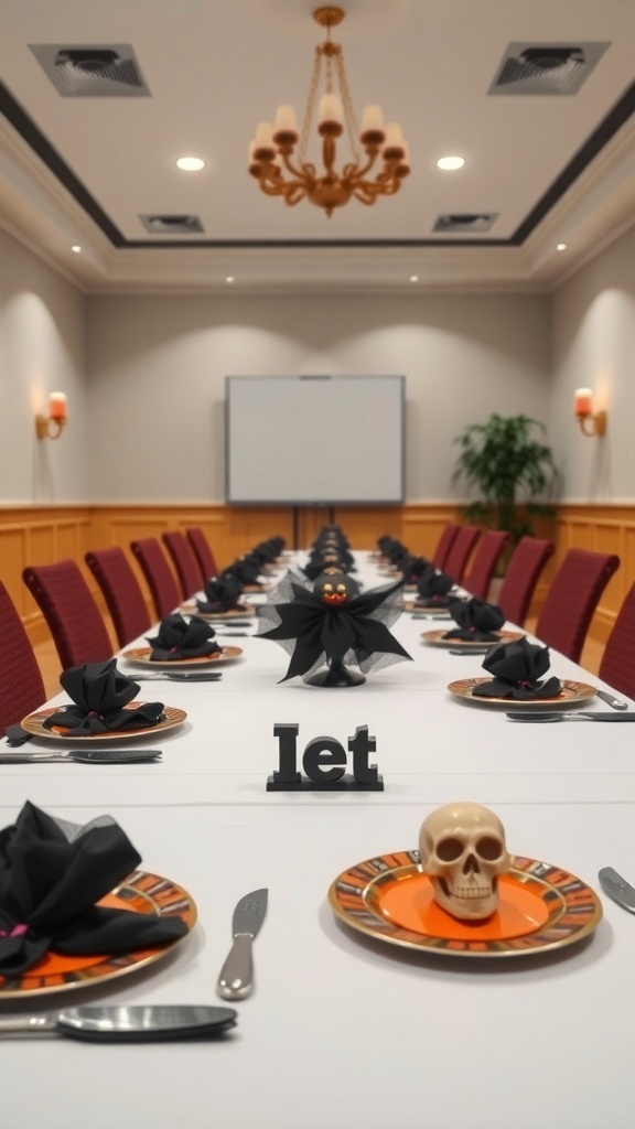 A Halloween themed table setting with bat-shaped napkins, skulls, and orange plates.