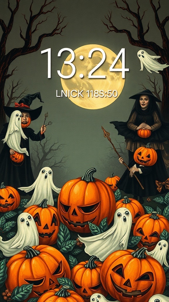 Vintage Halloween illustration featuring pumpkins, ghosts, and witches against a full moon backdrop.