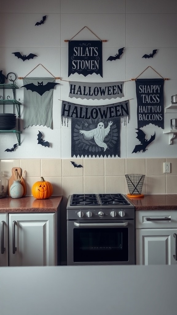 A Halloween-themed kitchen wall with banners and bats.