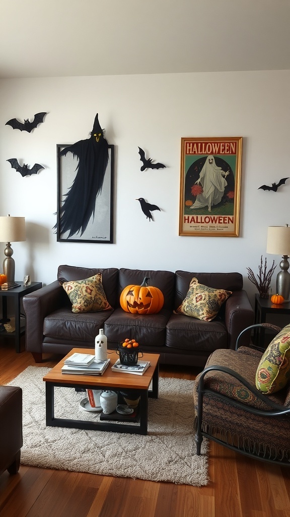 A cozy living room decorated for Halloween with spooky wall art, including bats and a vintage Halloween poster.