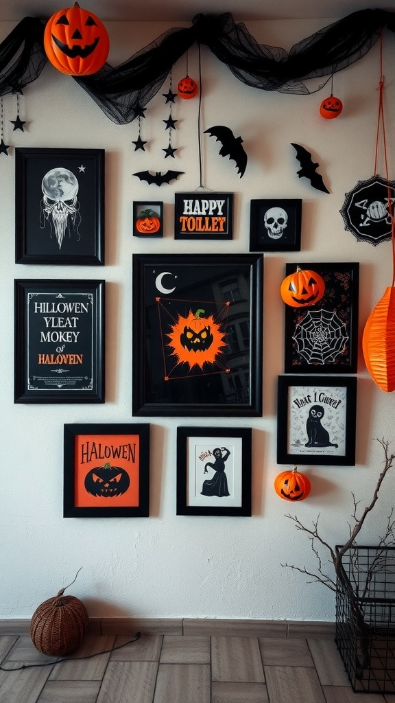 A Halloween-themed living room wall decorated with various spooky art pieces, including jack-o'-lanterns, bats, and spider webs.