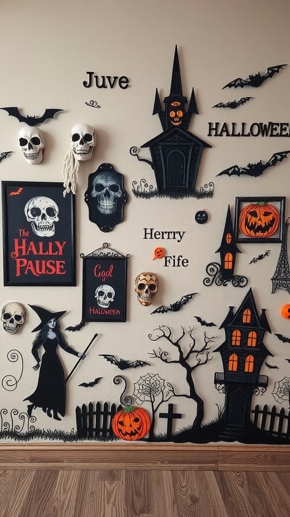 A wall decorated with Halloween-themed art, including skulls, bats, a witch, and a haunted house.