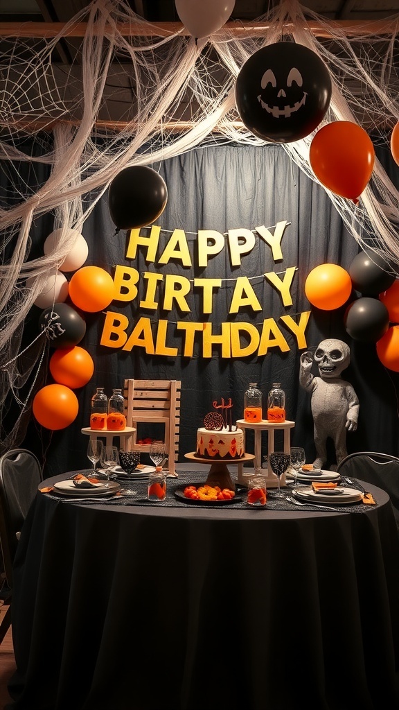 Halloween birthday party decorations with balloons, a cake, and spider webs.