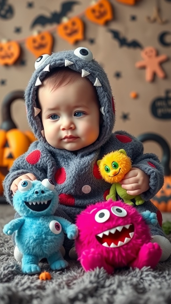 A nine-month-old baby in a monster-themed outfit surrounded by colorful plush toys, with Halloween decorations in the background.