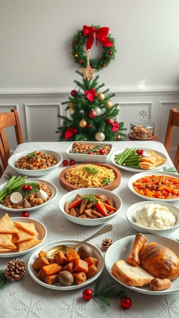 A festive Christmas table with a variety of dishes including roasted chicken, mashed potatoes, vegetables, and sweets, decorated with a small Christmas tree and wreath.