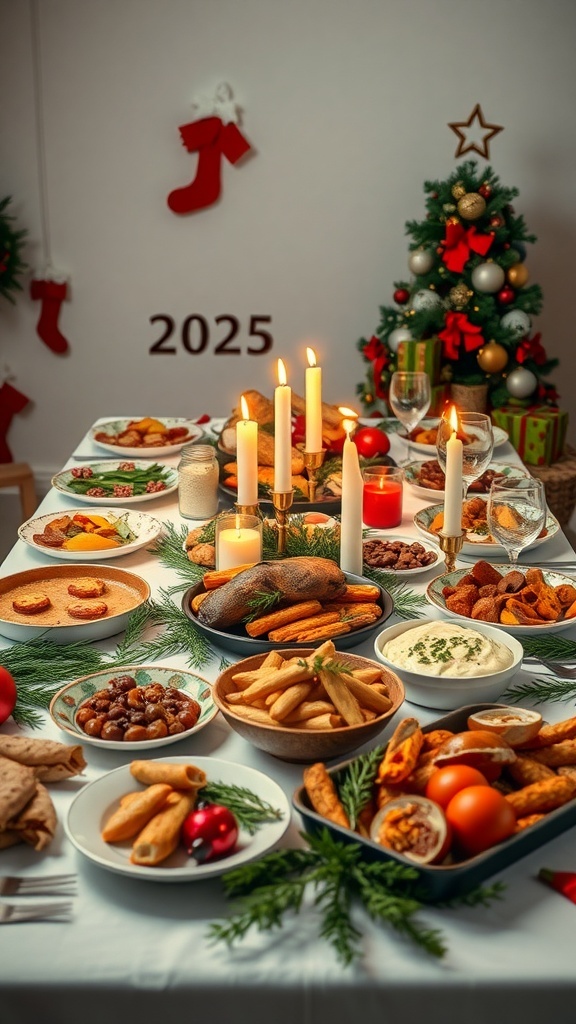 A festive Christmas table set for 2025 with various dishes, candles, and a decorated tree.
