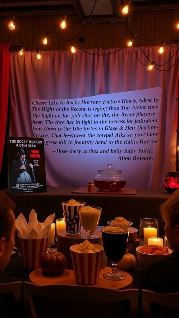 Cozy Halloween movie night setup with popcorn, drinks, pumpkins, and a poster for The Rocky Horror Picture Show.
