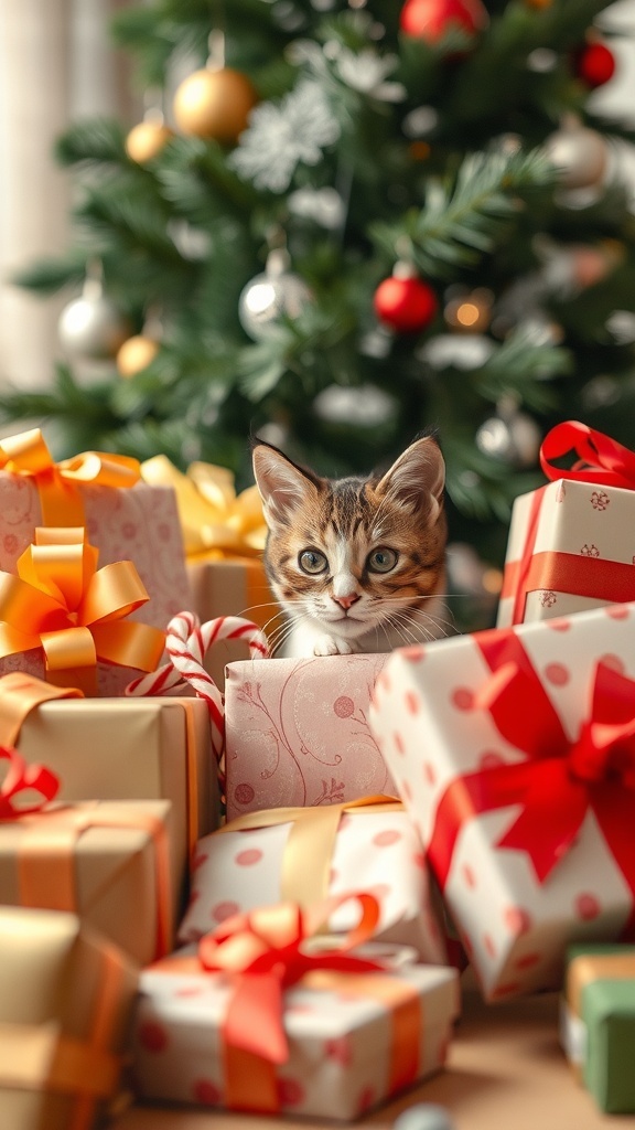 A curious cat peeking out from behind colorful Christmas presents with a decorated tree in the background.
