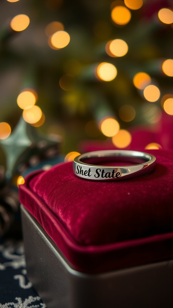 A custom engraved ring on a red cushion with soft glowing lights in the background.
