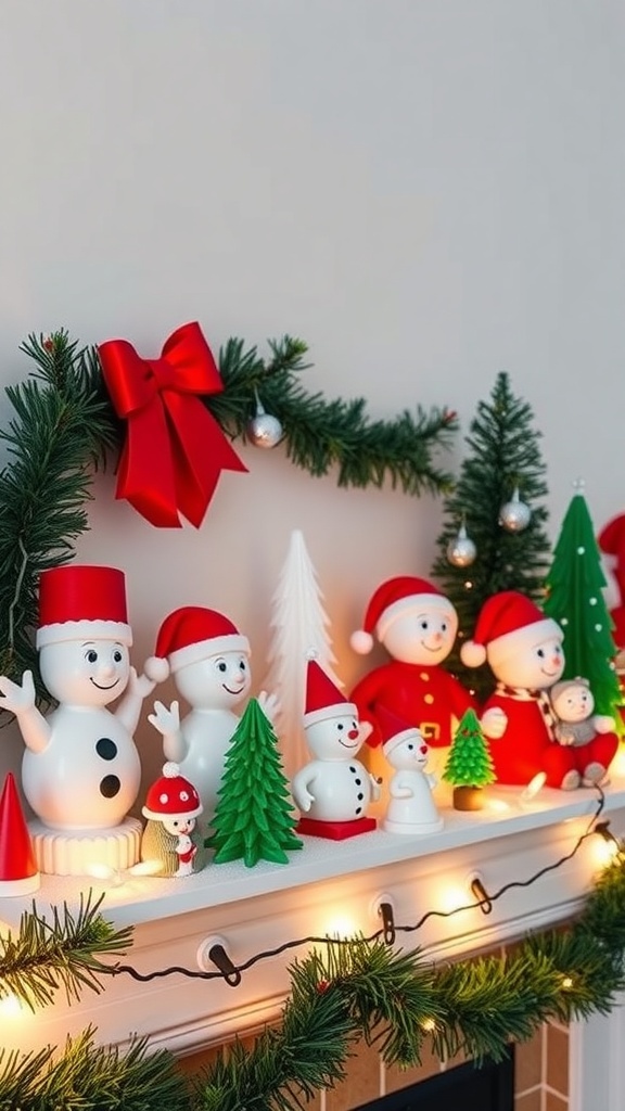 A festive display of 3D printed Christmas decorations, including snowmen, trees, and Santa figures, adorned with lights and greenery.