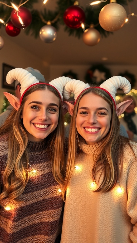 Two friends with elf ears and cozy sweaters, smiling in a festive setting with Christmas decorations.