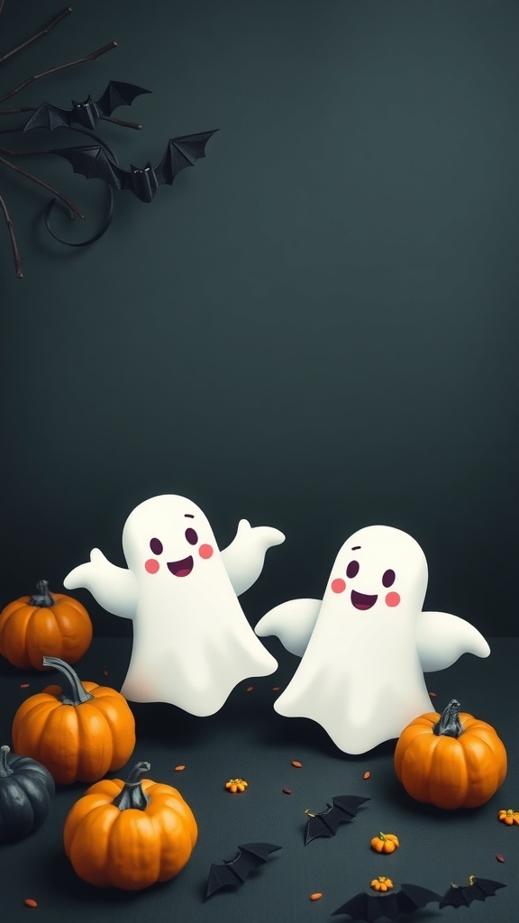Two cute ghost figures with smiling faces surrounded by pumpkins and bats