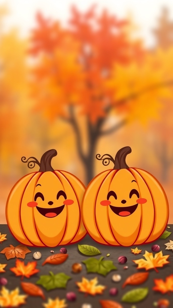 Two smiling pumpkins with autumn leaves in a colorful background