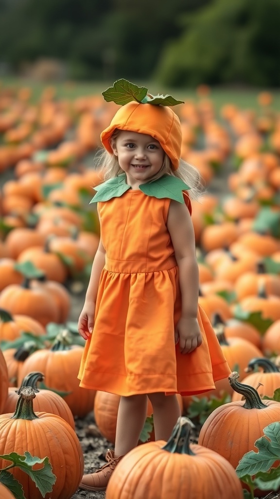 A young girl in a pumpkin princess costume standing in a pumpkin patch.