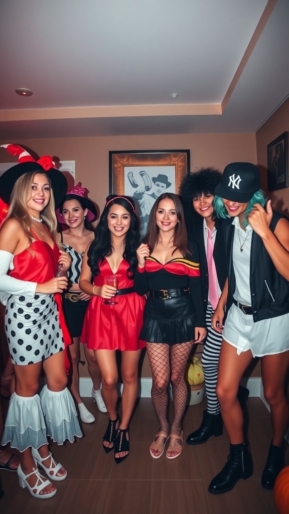 A group of friends dressed in various decade-themed costumes for a Halloween party.