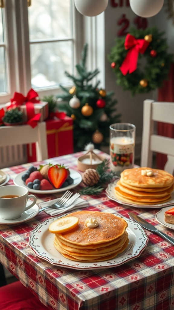 A festive Christmas breakfast table with pancakes, fresh fruit, and holiday decorations.