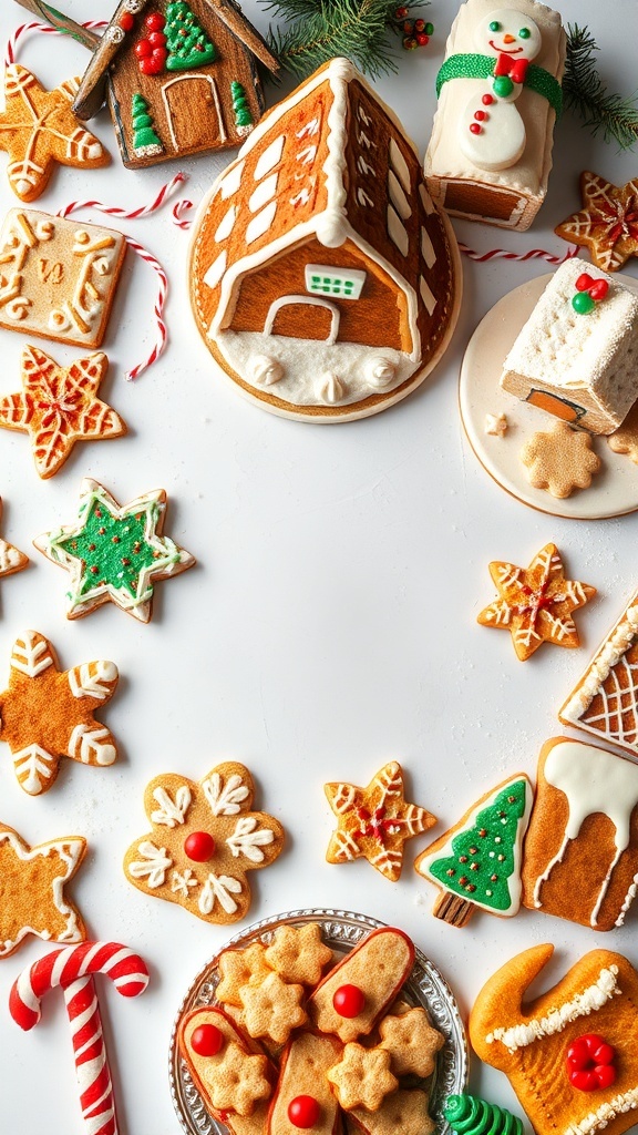 A festive display of Christmas treats including gingerbread houses, cookies, and a snowman cake.