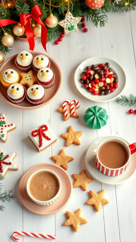 A festive spread of holiday treats including cupcakes, cookies, candies, and warm drinks for a Christmas birthday party.