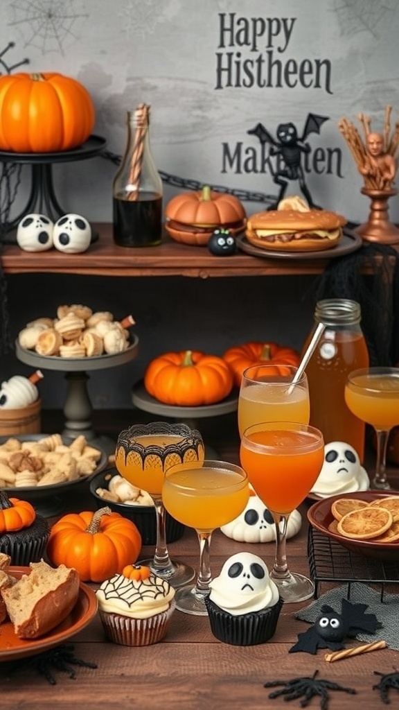 A festive Halloween spread featuring themed treats like pumpkin cupcakes, spooky drinks, and decorative pumpkins.