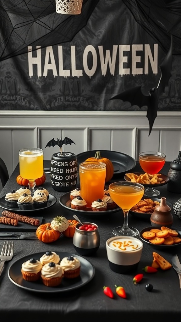 A Halloween-themed table with various treats, including cupcakes, drinks, and snacks, set for a group of seven.