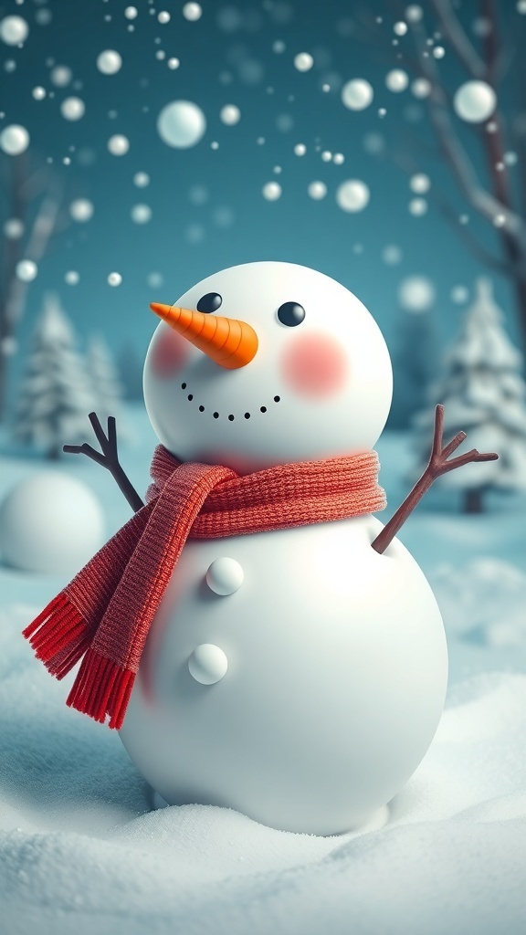 3D snowman character with a carrot nose, rosy cheeks, and a red scarf, surrounded by falling snowflakes.