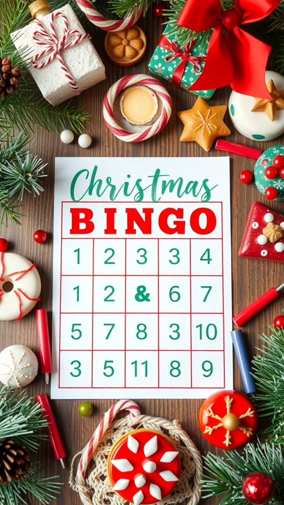 A festive Christmas Bingo card surrounded by holiday treats and decorations.
