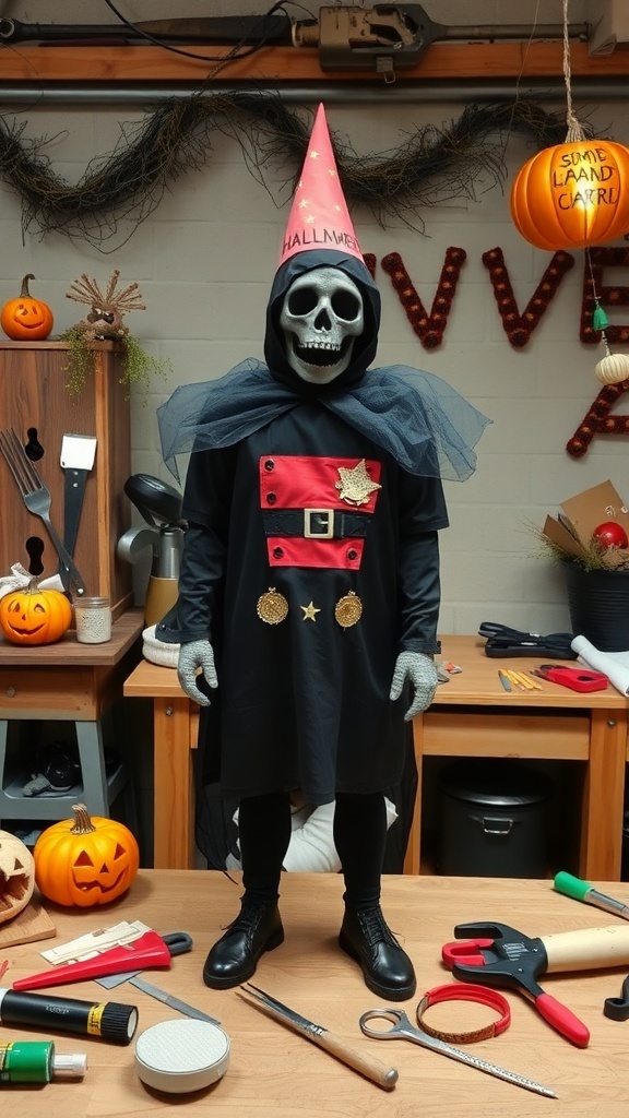 A skeleton figure in a DIY Halloween costume with a black cape and red accents, wearing a pointed hat, surrounded by Halloween decorations.