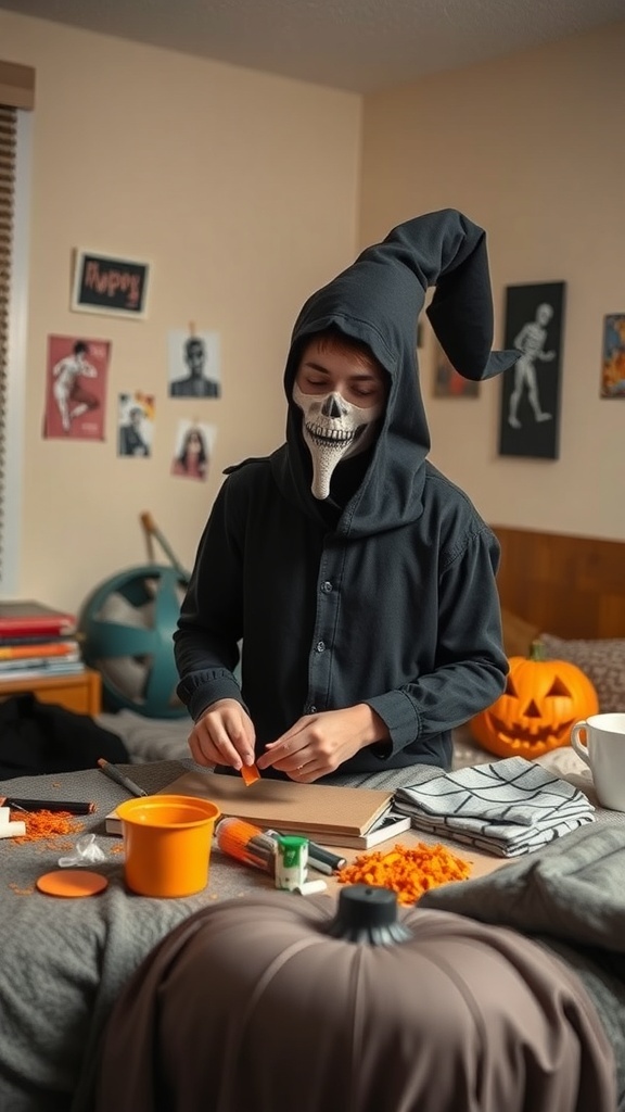 A person crafting a Halloween costume with a skull mask and hood, surrounded by crafting materials and a pumpkin.