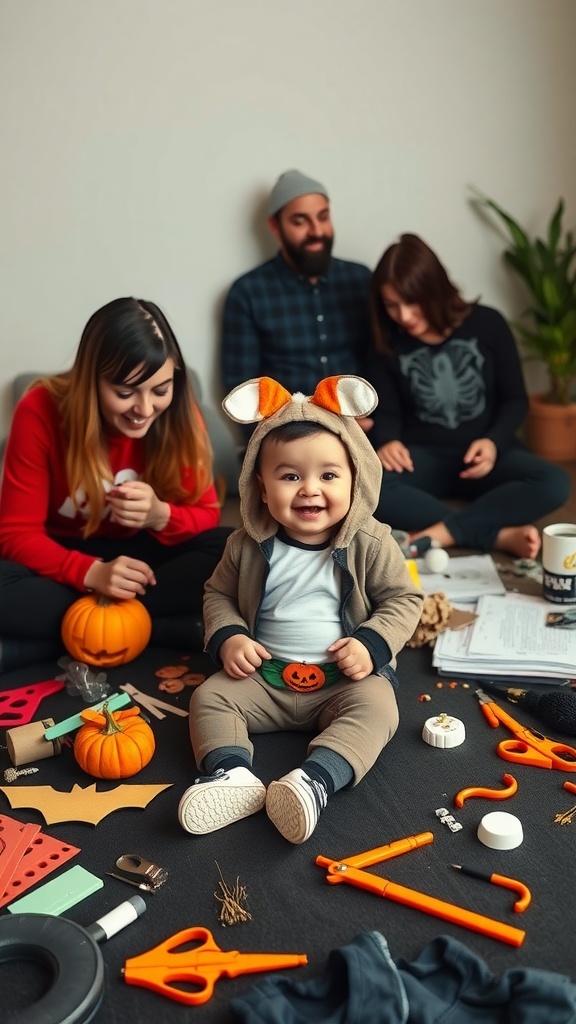 A happy baby in a cute Halloween costume surrounded by family members crafting costumes with pumpkins and supplies.