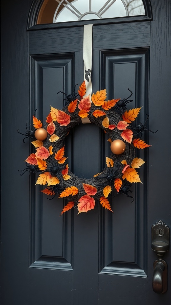 A Halloween wreath made of black fabric, orange leaves, and black spiders, hanging on a dark door.
