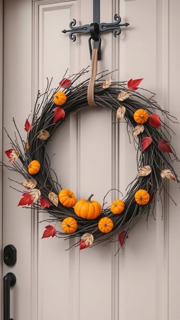 A Halloween wreath made of twigs, mini pumpkins, and red leaves hanging on a door.