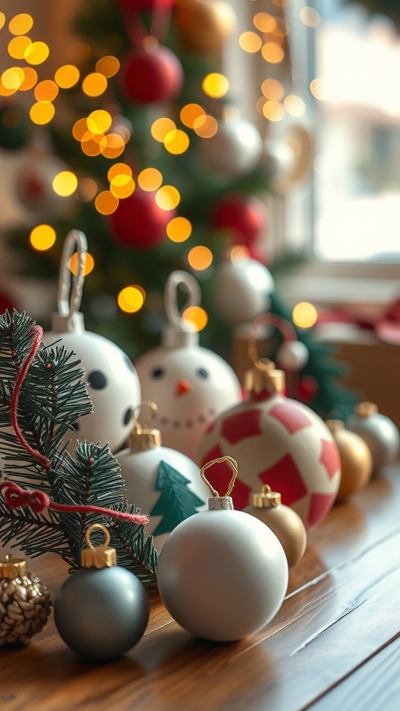 A collection of colorful DIY holiday ornaments displayed on a wooden surface with a Christmas tree in the background.